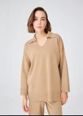 Peraluna Polo V Yaka Bol Kesim Kadın Triko Kazak - Camel Melanj - 3