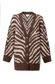 Peraluna ZEBRA CARDIGAN V Yaka Zebra Desen Organik Pamuk-Yün Karışım Geniş Kesim Kadın Triko Hırka - Kahve - 7