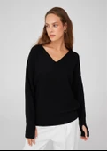 Peraluna V Yaka Bol Kesim Kaşmir Karışım Kadın Triko Kazak - Siyah - 5