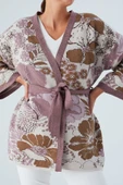 Peraluna Çicek Desenli Bol Kesim Pamuklu Kadın Triko Kimono - Mor - 3