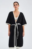 Peraluna SOHO Kısa Kollu %100 Pamuk Kadın Triko Kimono - Siyah/Ekru - 4