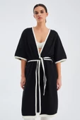 Peraluna SOHO Kısa Kollu %100 Pamuk Kadın Triko Kimono - Siyah/Ekru - 4