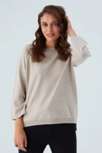 Peraluna NELL PULLOVER Yanları Yırtmaçlı 3/4 Kol İnce Kadın Triko Kazak - Bej Melanj thumbnail 2