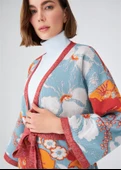 Peraluna Çicek Desenli Bol Kesim Pamuklu Kadın Triko Kimono - Çok Renkli - 4