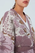 Peraluna Çicek Desenli Bol Kesim Pamuklu Kadın Triko Kimono - Mor - 4