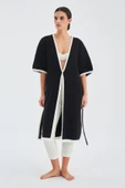 Peraluna SOHO Kısa Kollu %100 Pamuk Kadın Triko Kimono - Siyah/Ekru - 5