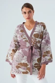 Peraluna Çicek Desenli Bol Kesim Pamuklu Kadın Triko Kimono - Mor - 2