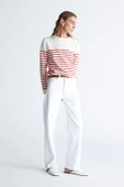 Styleboom X Peraluna AUDREY PULLOVER Omzu Düğmeli Çizgili Organik Pamuk Mevsimlik Kadın Triko Kazak - Ekru/Kırmızı thumbnail 8