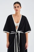 Peraluna SOHO Kısa Kollu %100 Pamuk Kadın Triko Kimono - Siyah/Ekru - 2