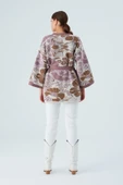 Peraluna Çicek Desenli Bol Kesim Pamuklu Kadın Triko Kimono - Mor - 8