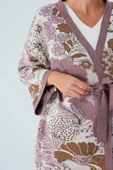 Peraluna Çicek Desenli Bol Kesim Pamuklu Kadın Triko Kimono - Mor - 6