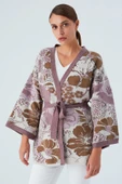 Peraluna Çicek Desenli Bol Kesim Pamuklu Kadın Triko Kimono - Mor - 7