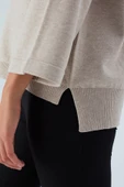 Peraluna NELL PULLOVER Yanları Yırtmaçlı 3/4 Kol İnce Kadın Triko Kazak - Bej Melanj thumbnail 4