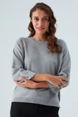 Peraluna NELL PULLOVER Yanları Yırtmaçlı 3/4 Kol İnce Kadın Triko Kazak - Gri Melanj thumbnail 5