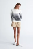 Styleboom X Peraluna BARDOT PULLOVER Omzu Düğmeli Çizgili Organik Pamuk Mevsimlik Kadın Triko Kazak - Ekru/Lacivert - 1