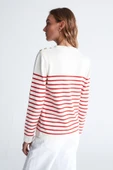 Styleboom X Peraluna AUDREY PULLOVER Omzu Düğmeli Çizgili Organik Pamuk Mevsimlik Kadın Triko Kazak - Ekru/Kırmızı thumbnail 10