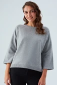 Peraluna NELL PULLOVER Yanları Yırtmaçlı 3/4 Kol İnce Kadın Triko Kazak - Gri Melanj thumbnail 2