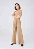 Peraluna Boru Paça Yüksek Bel Kadın Triko Pantolon - Camel Melanj - 2