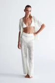 Peraluna EMMA TROUSER Dantel Desen Örgülü Geniş Midi Boy Kadın Triko Pantolon - Ekru thumbnail 1