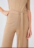 Peraluna Boru Paça Yüksek Bel Kadın Triko Pantolon - Camel Melanj - 7