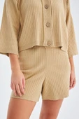 Peraluna MUJO CARDIGAN & SHORTS %100 Pamuk Kadın Triko Şort Takım - Bej - 3