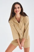 Peraluna MUJO CARDIGAN & SHORTS %100 Pamuk Kadın Triko Şort Takım - Bej - 7
