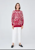 Peraluna Gül Desenli Jakarlı Bol Kesim Kadın Triko Tunik - Kırmızı/Krem thumbnail 1
