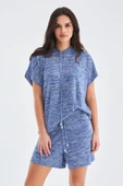 Peraluna KAIRA BLOUSE & SHORTS Kapüşonlu Yazlık Kadın Triko Şort Takım - İndigo Melanj thumbnail 2