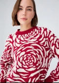 Peraluna Gül Desenli Jakarlı Bol Kesim Kadın Triko Tunik - Kırmızı/Krem thumbnail 4