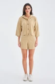 Peraluna MUJO CARDIGAN & SHORTS %100 Pamuk Kadın Triko Şort Takım - Bej - 1