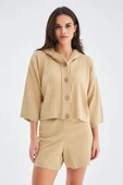 Peraluna MUJO CARDIGAN & SHORTS %100 Pamuk Kadın Triko Şort Takım - Bej - 8