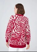 Peraluna Gül Desenli Jakarlı Bol Kesim Kadın Triko Tunik - Kırmızı/Krem thumbnail 6