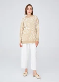Peraluna Gül Desenli Jakarlı Bol Kesim Kadın Triko Tunik - Bej/Krem thumbnail 1