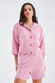 Peraluna MUJO CARDIGAN & SHORTS %100 Pamuk Kadın Triko Şort Takım - Şeker Pembe - 2