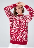 Peraluna Gül Desenli Jakarlı Bol Kesim Kadın Triko Tunik - Kırmızı/Krem thumbnail 2