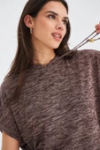 Peraluna KAIRA BLOUSE & SHORTS Kapüşonlu Yazlık Kadın Triko Şort Takım - Kahve Melanj - 3