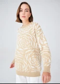 Peraluna Gül Desenli Jakarlı Bol Kesim Kadın Triko Tunik - Bej/Krem thumbnail 2