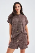 Peraluna KAIRA BLOUSE & SHORTS Kapüşonlu Yazlık Kadın Triko Şort Takım - Kahve Melanj - 2