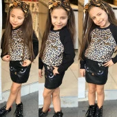 MODAVALS KEDİ NAKIŞLI DERİ ETEK & LEOPAR DESENLİ BADİ KIZ ÇOCUK KOMBİN 2-3 YAŞ - 1