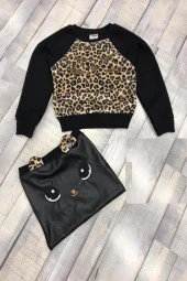 MODAVALS KEDİ NAKIŞLI DERİ ETEK & LEOPAR DESENLİ BADİ KIZ ÇOCUK KOMBİN 2-3 YAŞ - 4