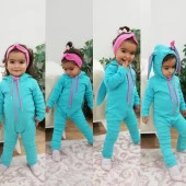 MODAVALS TAVŞAN KULAKLI KAPİŞONLU KIZ BEBEK TULUM - TURKUAZ 6-9 AY - 1