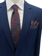 Brianze Kırmızı Mavi Şal Desen Kravat Mendil Set - 1