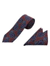 Brianze Kırmızı Mavi Şal Desen Kravat Mendil Set - 2