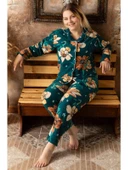 Sude A-200-157 Welsoft Polar Düğmeli Yaprak Desenli Kadın Battal Beden Pijama Takımı - 3
