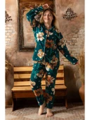 Sude A-200-157 Welsoft Polar Düğmeli Yaprak Desenli Kadın Battal Beden Pijama Takımı - 1