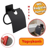 Tuvalet Kağıtlık Yapışkanlı Kapaklı Aparat WC Kağıt Standı Paslanmaz Metal Sağlam Siyah Estetik thumbnail 1