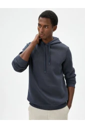 Basic Kapşonlu Sweatshirt Uzun Kollu Ribanalı - 1