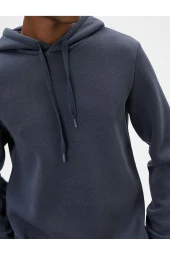 Basic Kapşonlu Sweatshirt Uzun Kollu Ribanalı - 5