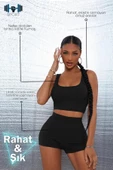 Terletmeyen Spor Crop Siyah Biker Şort Alt Üst Takım Rahat Gündelik Kısa Tayt - 1