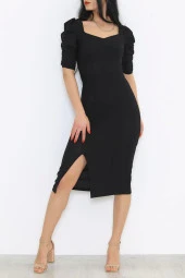 Kare Yaka Elbise Siyah - 1